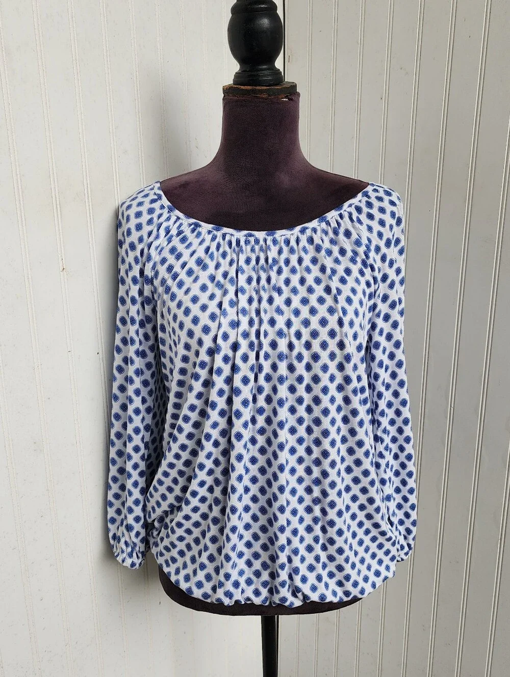 Michael Kors Peasant Blouse Blue White Geometric Print Scoop Neck Relaxed Boho M